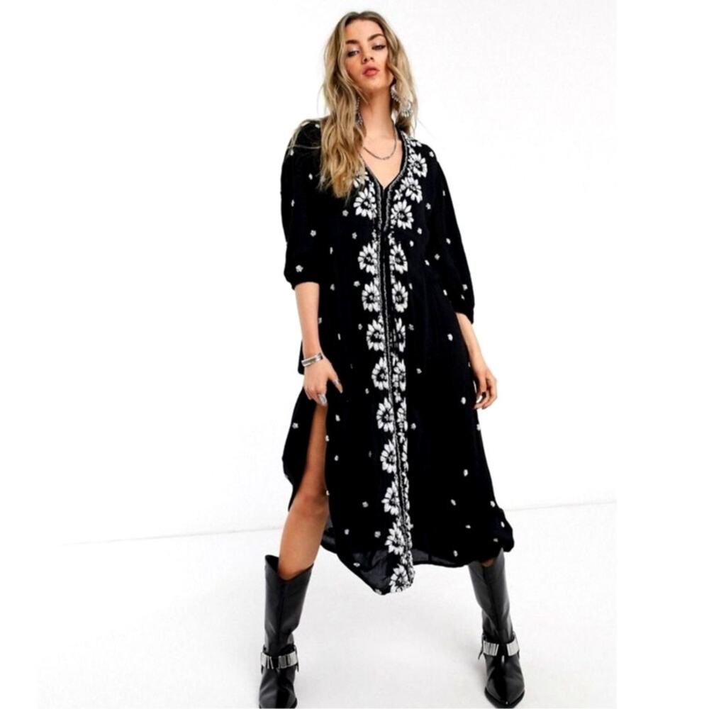 Free People embroidered Fable Midi black white floral boho style dress size S